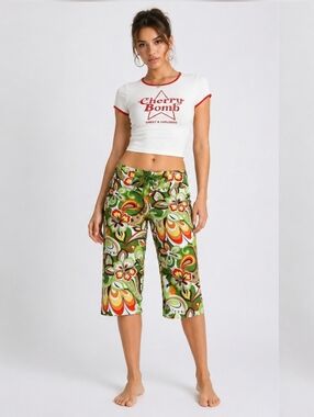Mad Iguana Retro Floral Capri Pants Lace Up Velcro Waist Beach Resort Small